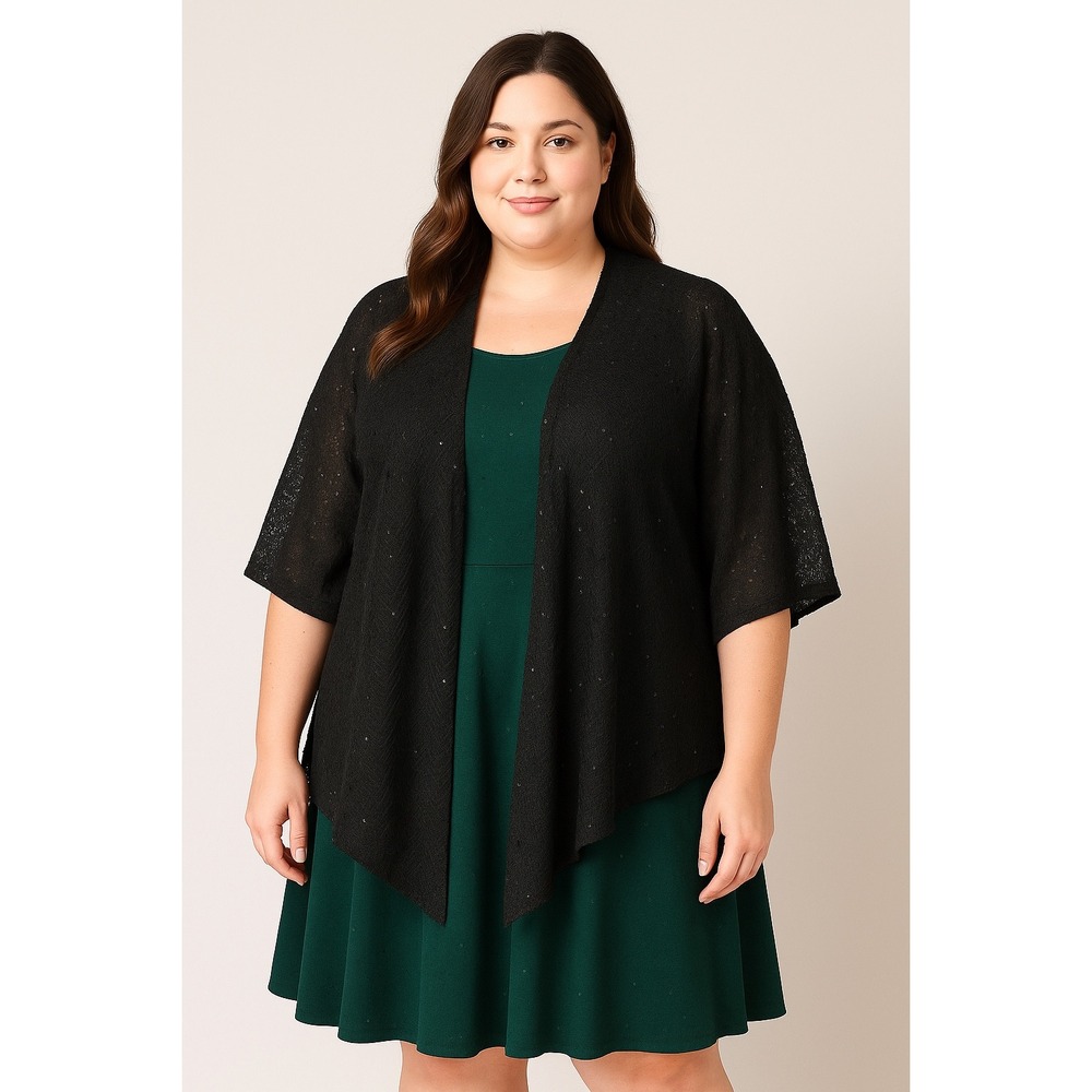 Chicos Black Sequin Lace Open Front Kimono Cardigan‎ Sequins OS Stretch Holiday